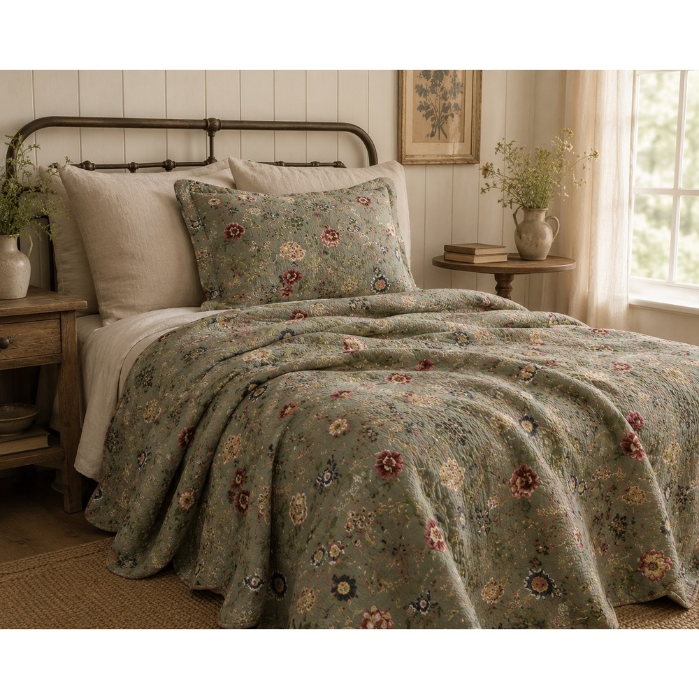 Vintage Floral Quilt Sage Green Cottagecore Full Coverlet w Sham